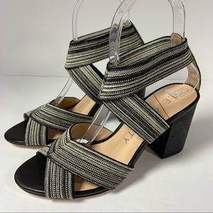 Sole Society 'Joesy' Black/ White Elastic Strap Block Heel Sandals; Size 6.5
